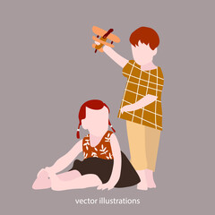 People, children on an isolated background. Flat illustration. Set of images of children. Children play, a girl sits, a boy with a ball, girls in beautiful dresses. Logo of children's clothing and toy