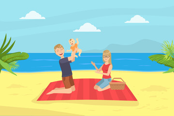 Obraz na płótnie Canvas Happy Family Having Picnic on Tropical Beach at Summer Holidays Flat Vector Illustration