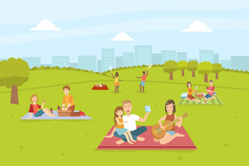 People Relaxing, Eating and Playing Ball on Nature, Happy Families Having Picnic Outdoors Vector Illustration