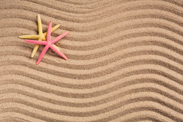 Fototapeta na wymiar Two colored starfish on a summer beach on textured sand. Summer background. Photo for banner or advertisement. Top view.