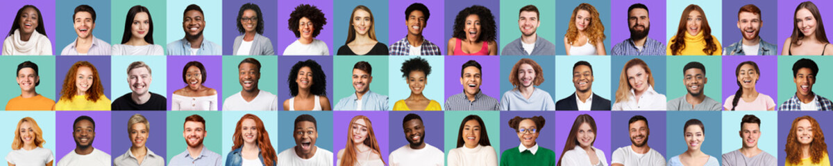 Fototapeta na wymiar Multiracial Happy People Faces On Violet And Turquoise Backgrounds