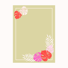 Tropical floral card frame background. Modern exotic foliage card, poster template. Exotic branch and leave elements. Botanical frame vector illustration. Jungle border hand-drawn design.