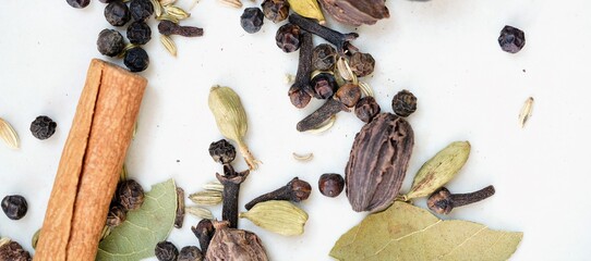 Top macro view on kitchen herb mix on light background 