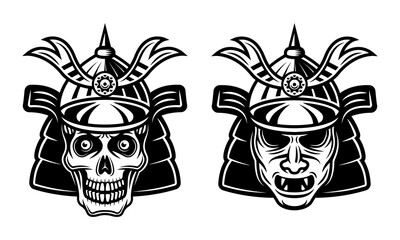 Samurai mask and skull of japanese warrior vector