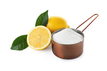 Baking soda and cut lemons on white background