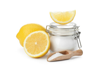 Baking soda and cut lemons on white background