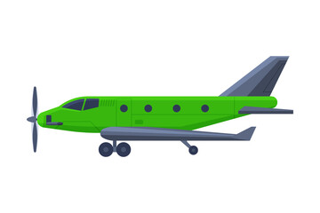 Green Airplane with Propeller, Flying Aircraft Vehicle, Air Transport Vector Illustration