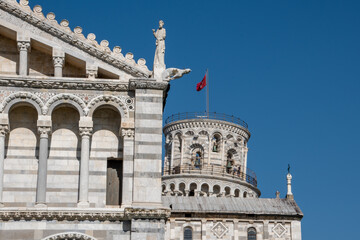 Panorama of the leaning tower of Pisa with the cathedral (Duomo)  in Pisa, Tuscany, Italy	