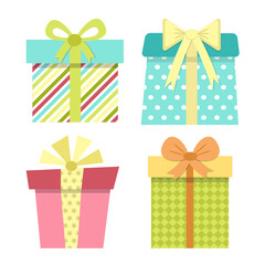 Four cute multicoloured gift boxes, presents with striped, polka dot, stars patterns. Vector illustration in cartoon style