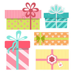 Five cute multicoloured gift boxes, presents with stripes, hearts, flowers patterns. Vector illustration in cartoon style