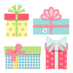 Four multicoloured presents, gift boxes with checkered, striped, polka dots and stars patterns. Vector illustration in flat cartoon style