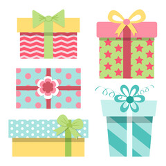Five cute wrapped paper gift boxes with bows isolated on white background. Vector illustration in flat cartoon style
