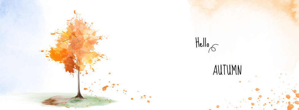 Autumn banner background with a tree on watercolor stain painting