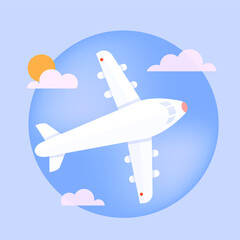 Illustration of an tourist airplane in the blue sky with some clouds. Travel concept.