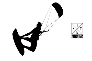 Kitesurfing and kiteboarding. Silhouette of a kitesurfer. Man in a jump performs a trick. Big air competition. Vector illustration. Thanks for watching - obrazy, fototapety, plakaty