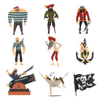 Funny Pirates Collection, Male Buccaneers Cartoon Characters Vector Illustration