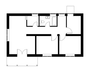 Black and White floor plan of a modern unfurnished interior for your design. Vector blueprint suburban house.  Interesting architectural project.