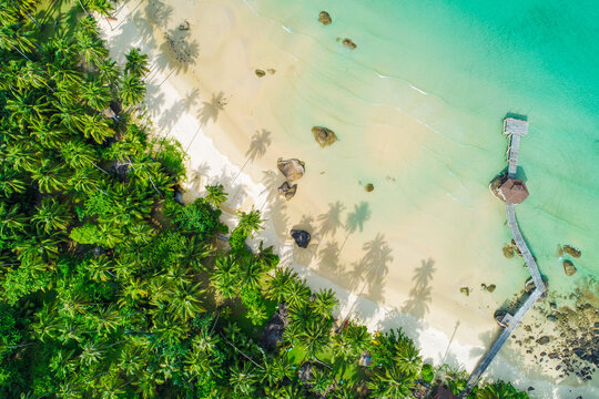 Top view aerial image of an stunning beautiful sea landscape white sand beach with turquoise water copy space,