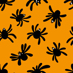 Seamless spider silhouette pattern on orange background. Halloween pattern. Design for Halloween. Vector flat illustration