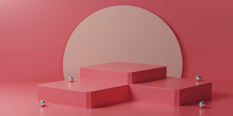 Pink multiple square podium with circle on a pink background. Backdrop design for product promotion. 3d rendering