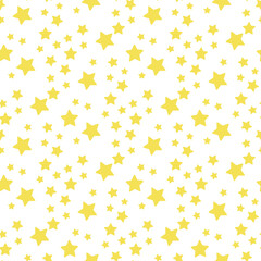 Vector illustration. Seamless pattern with falling cute yellow stars white background. Weather symbol. Pattern with contour