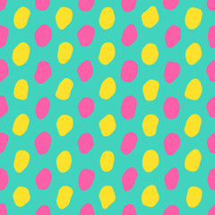 Yellow and pink ovals seamless pattern on a bright turquoise background. Trendy geometric pattern with paint blobs