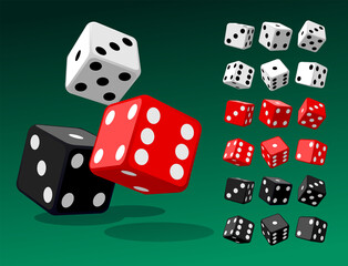 Dice set isometric red black white vector illustration