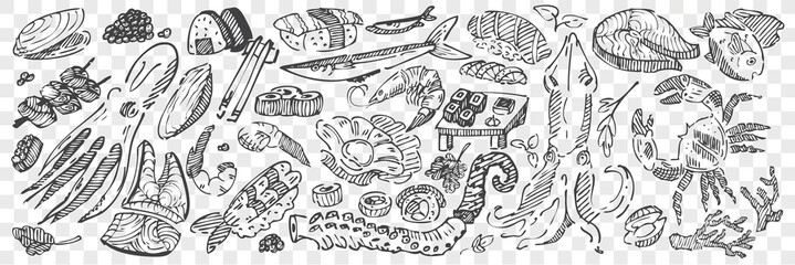 Hand drawn sea food doodle set