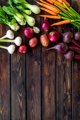 Set of vegetables. Carrot and beet with tops, potato, garlic top view copy space