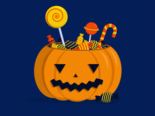 Flat vector illustration: pumpkin with candy and sweets. Happy Halloween.
