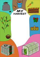 Colorful frame with fresh harvest for your summer photo or text. Good design for "How I spent summer" essay, for social media page or harvest festival. 