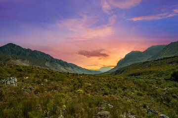 Hottentots Holland Mountains gorge and sunset in Overberg western cape South Africa