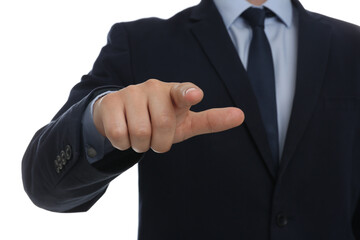 Obraz premium Businessman touching something against white background, focus on hand