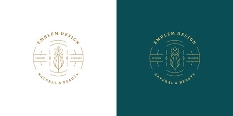 Fototapeta premium Flower line and branch with leaves vector logo emblem design template