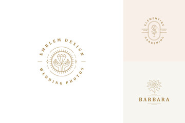 Vector line logos emblems design templates set - female gesture hands and flowers illustrations