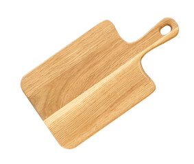 Modern wooden board isolated on white, top view. Cooking utensil