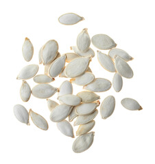 Pile of raw pumpkin seeds isolated on white, top view. Vegetable planting