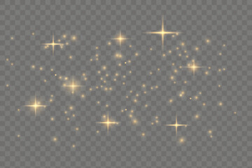 The dust sparks and golden stars shine with special light. Vector sparkles on a transparent background. Chr