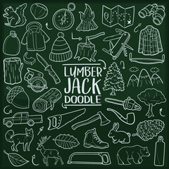 Lumberjack Forest Man. Chalkboard Doodle Icons. Sketch Hand Made Design Vector Art.