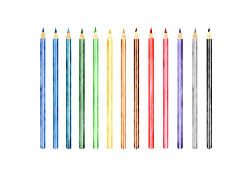 Hand drawn watercolor illustration of crayons. Colored pencil set isolated on white background.