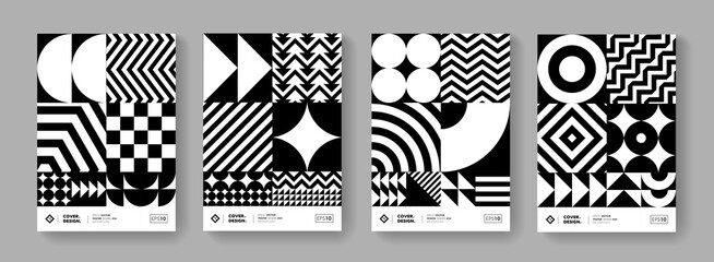 Abstract Monochrome Geometric Pattern Background. Black and white swiss design poster collection. Minimal black and white shape elements.