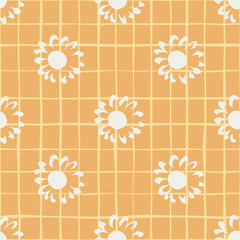 Hand drawn small yellow flowers seamless pattern on stripe background.