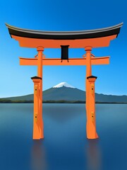 Obraz premium Beautiful orange Torii in ocean in front of Fuji mountain on morning