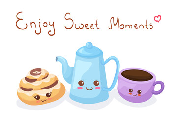 Kawaii vector illustration of Tea Pot, Cup & Cinnamon roll isolated on white background. Cute funny & happy character with lettering. Cartoon style smiling food mascot for kids summermenu decoration.