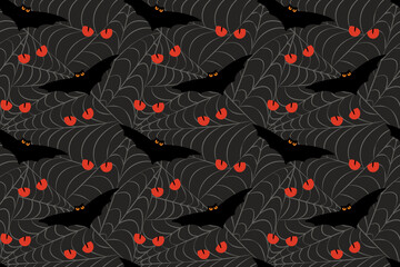 Angry bats and cat eyes in spider web seamless pattern. Halloween hand drawn illustration for fabric, textile, wallpaper, wrapping paper,  background