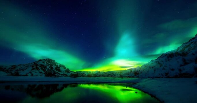Winter landscape northern lights aurora borealis over the lake
