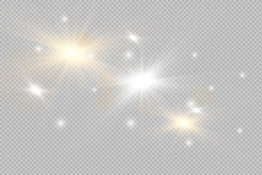 Glow light effect. Star burst with sparkles. sunlight.Glow golden light spark set on transparent background. Blur vector sparkles design collection. Explosive flash, sun, flare and shiny cloud.