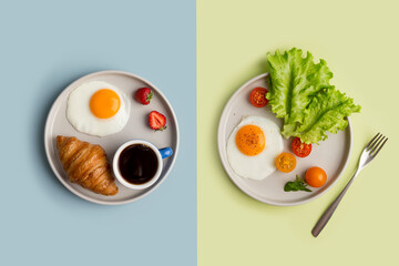 Two homemade different breakfast with fried egg at green and blue backgrounds.