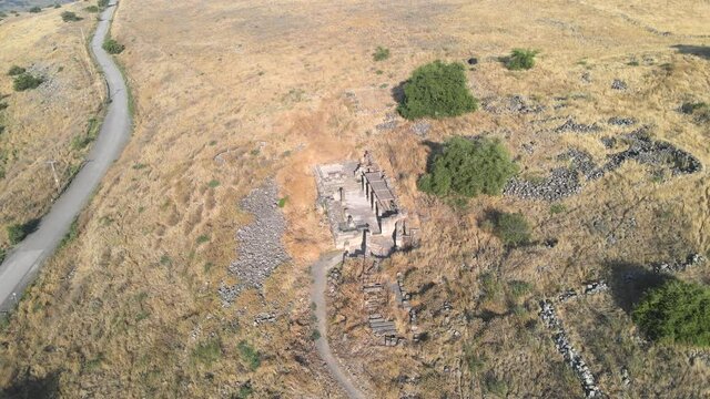 Ruins of the Dir Aziz Synagogue, built in the Byzantine period, at the beginning of the sixth century AD. It is located on the Golan Heights in Israel.