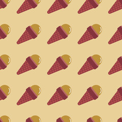 Ice cream in waffle cone seamless food pattern. Design in burgundy and beige colors. Simple wallpaper.